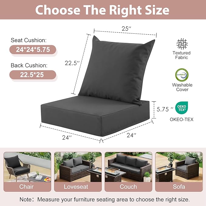 Outdoor Deep Seat Cushion Set, 24x24 Inch Water-Resistant & Fade-Resistant Outdoor Chair Cushions, Patio Furniture Cushions with Removable Cover for Patio Chair, Sofa, Dark Grey (Set of 2)