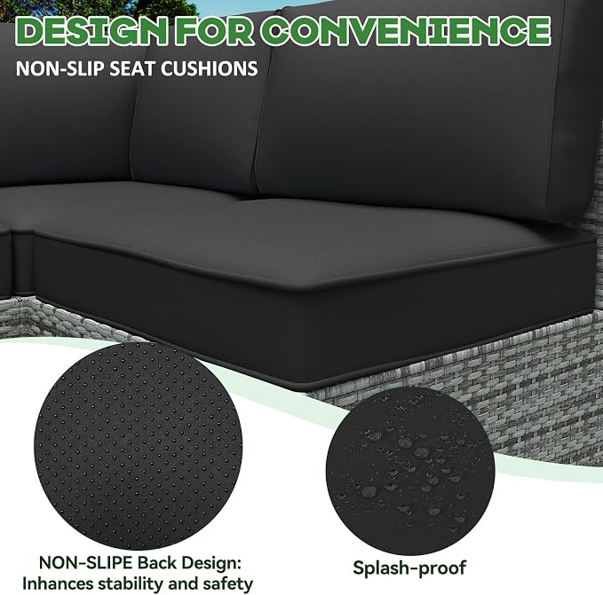 Outdoor Replacement Cushions for Patio Furniture,Water-Resistant Sofa Cushion for Rattan Wicker Sectional Patio Conversation Sets,14-Piece Outdoor Couch Cushion, Black