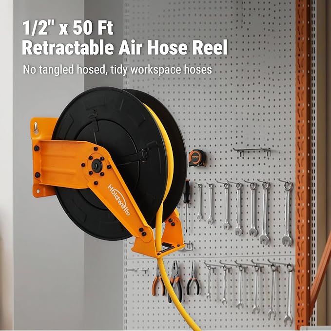 Retractable Air Hose Reel, 1/2" x 50FT EPDM Rubber Air Hose, 300PSI Max, Auto-Rewind & Length-Lock, 1/2" NPT Fitting, Ceiling/Wall Mount Heavy Duty Dual Arm Steel Reel for Workshop/Garage