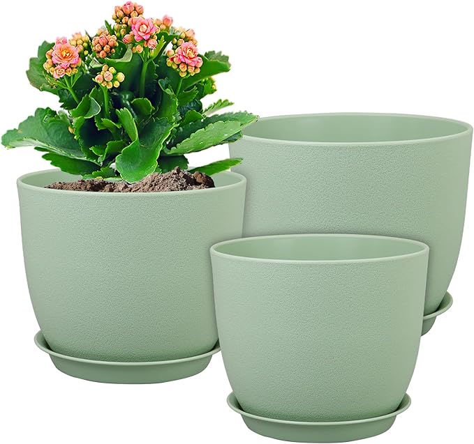 WSMKSZ Flower Pots 9/8/7.5 inch, Plant Pots for Indoor Outdoor Plants, Set of 3 Modern Decorative Plastic Planters with Drainage Holes and Saucers for Garden Porch House Plants, Green