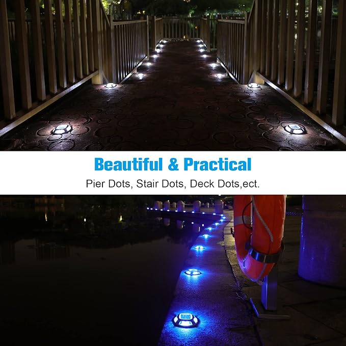 VOLISUN Solar Driveway Lights Dock Marine Lights 4 Pack,2 Colors in 1,Outdoor LED Deck Light,Solar Powered Waterproof Warning Step Light for Driveway Sidewalk Pathway (Blue/White),Saltwater Resistant