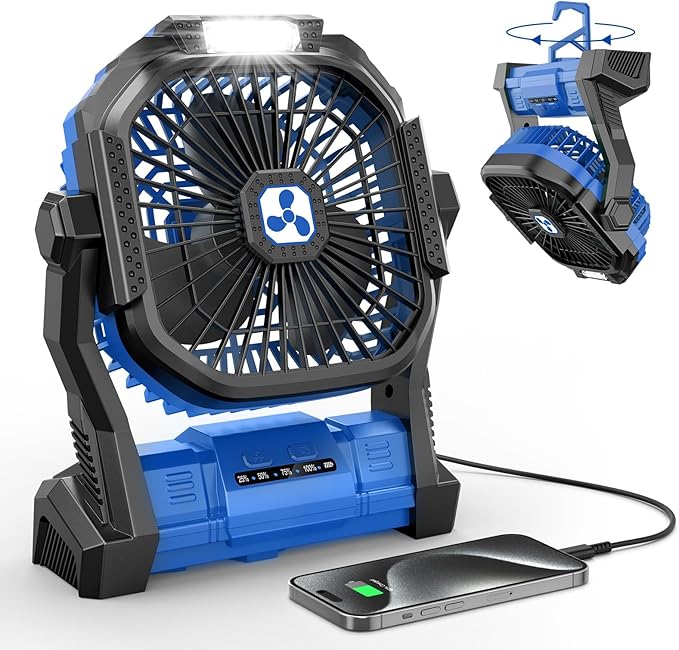 Portable Fan Rechargeable, Cordless Battery Powered Fan with LED Lantern 20000mAh Battery Operated for Travel Bedroom Home Camping Tent Office Beach Desk Picnic Barbecue Fishing Table
