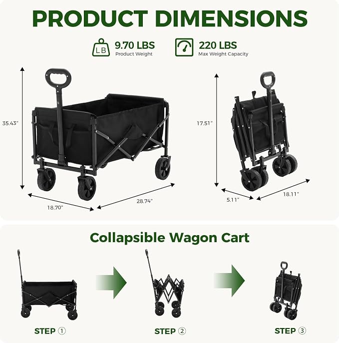 OLIXIS Collapsible Wagon 67L Compact Lightweight Utility Folding Wagon Cart with Wheels – 220 lbs Weight Capacity, Flexible Handle for Beach, Grocery, Camping, Shopping, Sports & Garden, Black