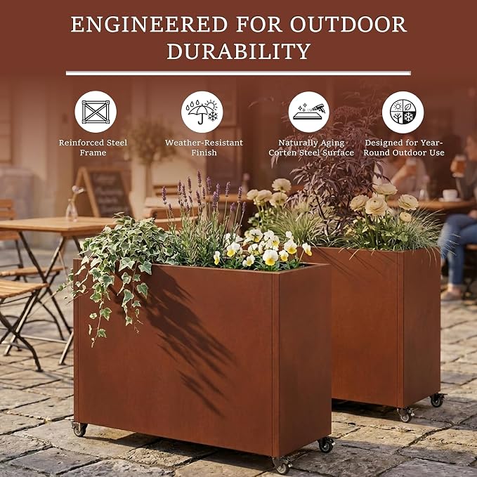 36 Inch Corten Steel Planter Box with Wheels, Tall Outdoor Rolling Planter with Drainage & Removable Shelf, Large Rectangular Weathering Steel Planter for Patio, Porch, Balcony & Garden