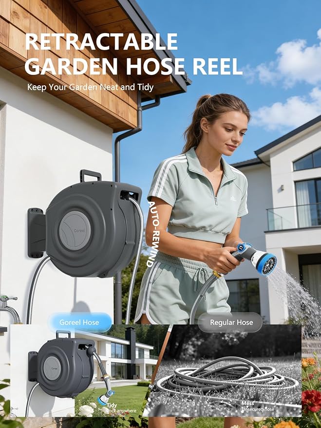 Retractable Garden Hose Reel 1/2 in x 65 ft Heavy Duty Automatic Water Hose Reel with 10-Function Sprayer Nozzle Kink-Free Auto Rewind Any-Length Lock 180° Swivel UV Resistant - Dark Gray