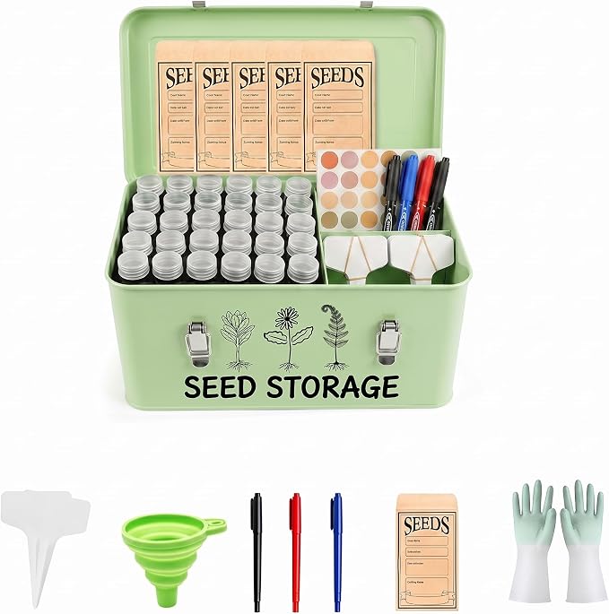FOCHIER F Large Metal Seed Storage Organizer Box with Lid, Double-Layer Seal Design, 304 Stainless Steel Safety Lock, Handles, Extra Seed Envelopes and Labels