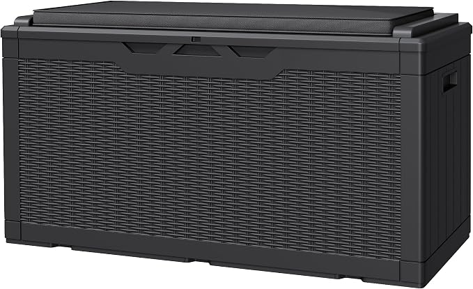 JUMMICO 100 Gallon Resin Deck Box with Cushion, Waterproof Outdoor Storage Box with Lockable Lid for Garden Tools, Patio Cushions (Black)