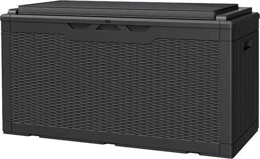 JUMMICO 100 Gallon Resin Deck Box with Cushion, Waterproof Outdoor Storage Box with Lockable Lid for Garden Tools, Patio Cushions (Black)
