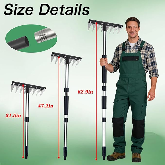 Upgraded 8 Tines Stainless Steel Weeding Tool, Thickened Version Manual Weeder Rake, Weeder Rakes with Adjustable Length Handle, Garden Weed Puller Tool for Weeding Loosen The Soil and Collect Fallen