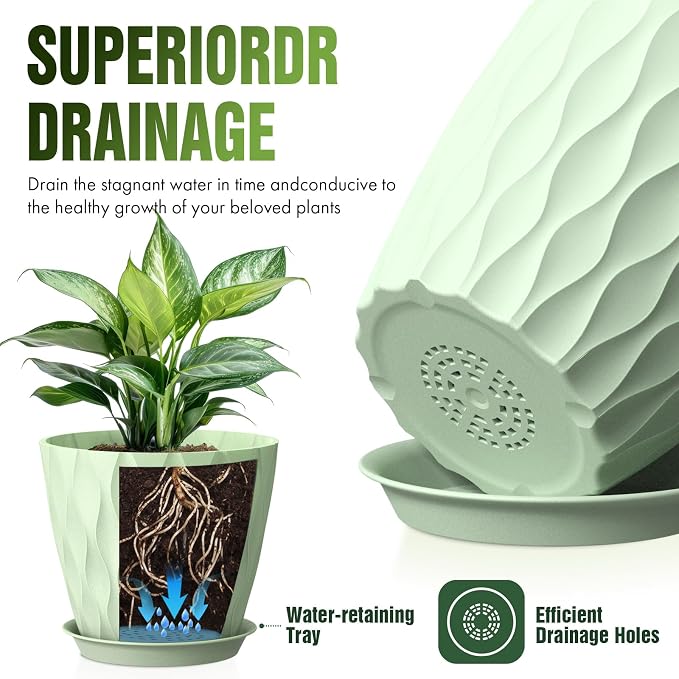 8 Inch Wave Plant Pots with Drainage Holes & Saucers, 4 Pack Modern Textured Medium Planters for Indoor Outdoor Plants, Decorative Flower Pots Repotting Set for Flowers, Herbs (Green)