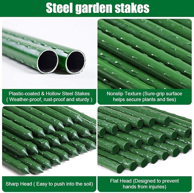 Mininfa Steel Plant Stakes 5 Feet, Plastic Coated Metal Garden Stakes Supports Climbing for Tomatoes, Trees, Beans, 25 Pack