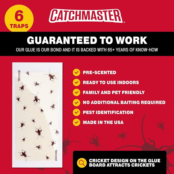 Catchmaster Cricket XL Giant Glue Boards 6-Pk, Adhesive Bug Catcher Cricket Traps Indoor, Sticky Trap for Inside Your Home, Bulk Insect Killer, Insect Traps for House & Garage, Pest Control for Home