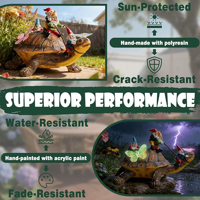 Funny Garden Gnomes Tortoise Decorations for Yard Statue with Solar Lights Outdoor Sculpture Decor
