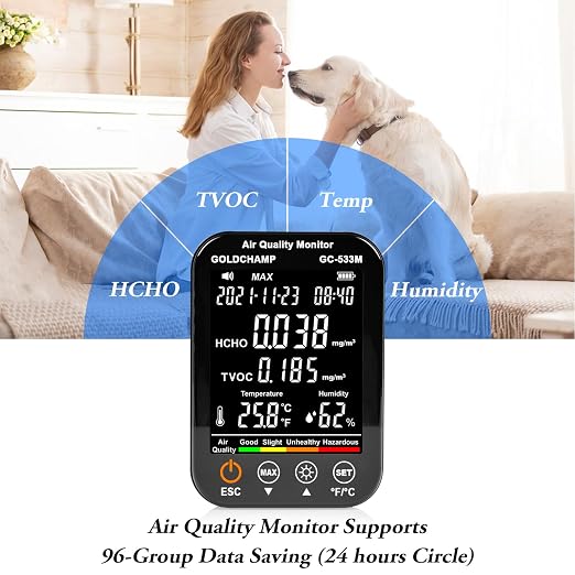 4in1 Air Quality Monitor Indoor Formaldehyde Detector Test HCHO/TVOC/Temp(℃/℉) /Humidity Sensor Air Analyzer with Digital LCD Screen, Smart Alarm，Auto Shutdown，Data Storage for Home, Cars, Plants