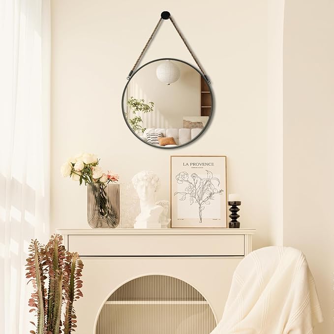 POZINO Round Hanging Mirror with Rope, 15" Grey Metal Frame Circle Wall Mirrors, Small Farmhouse Decorative Mirror for Entryway, Living Room, Fireplace, Bedroom, Bathroom