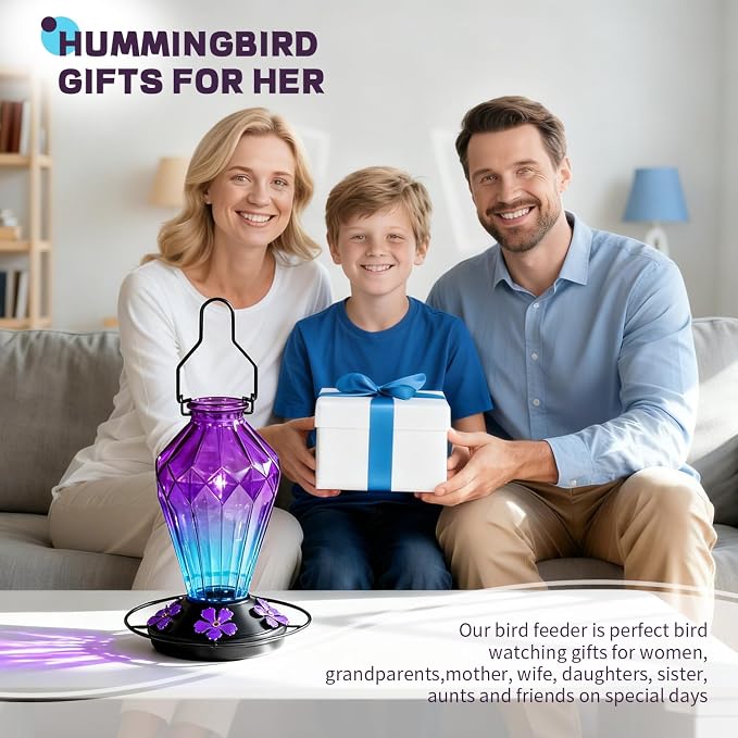 2 Pack Glass Hummingbird Feeder for Outdoors Hanging, 25Oz Humming Bird Nectar Feeder, Perch, 5 Flower Feeding Ports, Leak Proof Base, Hook for Outside Garden Backyard, Diamond Purple