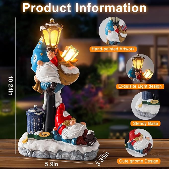 WINTS Solar Garden Gnome,10" Gnome Statue with Solar Lights Outdoor Decor for Patio,Lawn,Yard,Balcony,Funny Gnomes Best Gifts for Father's Day,Women,Housewarming,Birthday