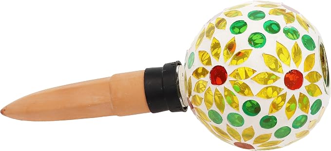 Sunnydaze Mosaic Glass Plant Watering Globe with Clay Spike - Decorative Self-Watering Planter Insert - Water Dripper for Plants - 9.5" - Bright Blooms