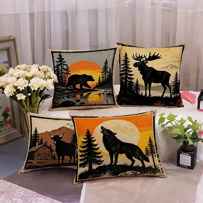 Vintage Wildlife Animal Pillow Covers 18x18 Inch Set of 4, Bear Moose Wolf Cabin Decor Throw Pillow Cases,Farmhouse Rustic Forest Sunset Cushion Covers for Living Room Sofa Lodge Home Decor(Brown)