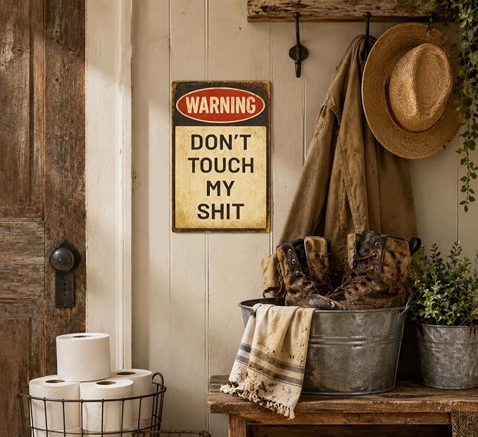 Vintage Warning Don't Touch My Shit Metal Sign, Retro Vintage Funny Warning Wall Decor, Humorous No Touch Plaque for Man Cave Garage Workshop Home Bar Decor 8x12 Inch