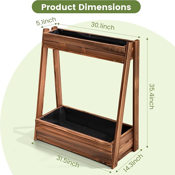 2-Tier Elevated Raised Garden Bed, 36" H Fir Wood Planter Box with 23" Large Growing Space, Drainage Holes & Non-Woven Liner, Outdoor Flower Bed & Herb Garden Planter for Patio Balcony Backyard