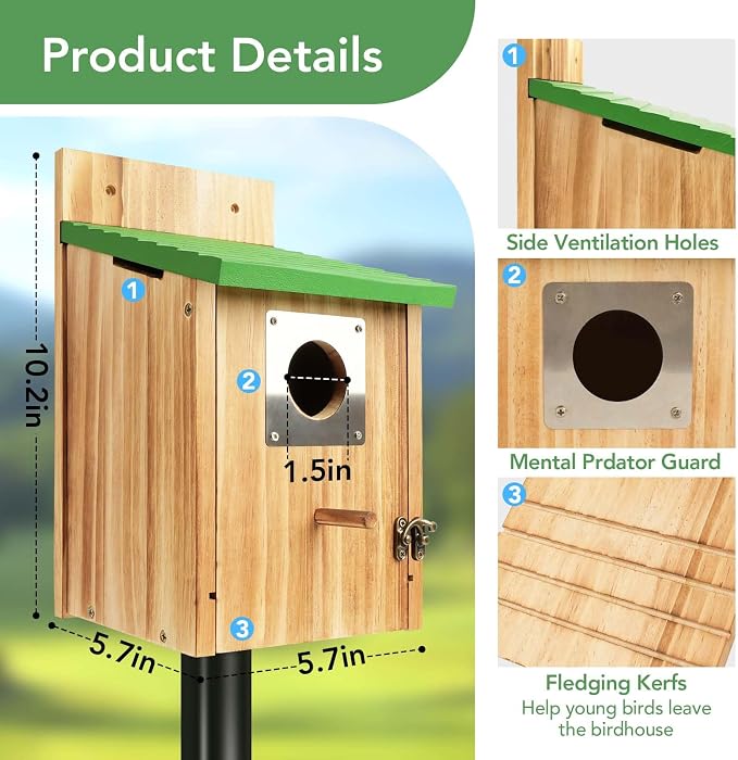 2 Pack Bird Houses for Outside - Cedar Bluebird Houses with Metal Predator Guard, Birdhouse for Wren Bluebirds Finches Swallows, Carbonized Wooden (Assembly Required)