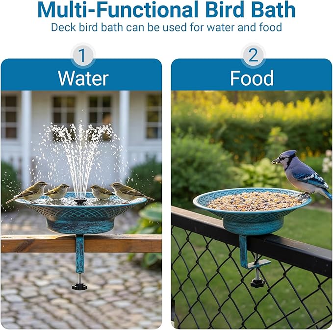 12.6" Solar Bird Bath for Deck Railing, Detachable Metal Bird Bath Bowl with 3.5" Sturdy Clamp, Adjustable Deck Bird Feeder for Outside, 2-in-1 Bird Bath for Patio