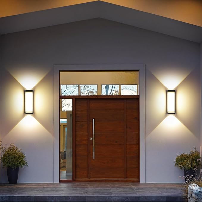 Modern Outdoor Wall Lights 24W LED Exterior Wall Sconces Light Fixtures, Black Aluminum Wall Mount, 3000LM 3000K Porch Lights with Double Lampshades, IP65 Waterproof for Garage Patio Entryway