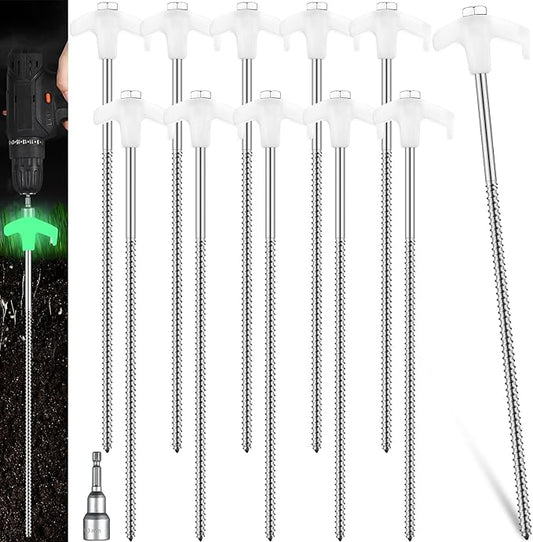 Hicarer 40 Pcs 12 Inch Tent Stakes Screw in Camping Stakes Heavy Duty Metal Spikes Ground Anchor Peg Threaded Tent Spikes with Hex Head Driver for Camping Garden Inflatable (Luminous White)