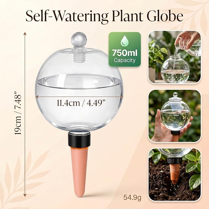 6 Pack 26 oz Extra Large Plant Self Watering Globes with Caps, Slow Release Watering Bulbs for Indoor/Outdoor Plants, Up to 3 Weeks Watering, Durable for Vacation, Gift for Plant Lovers
