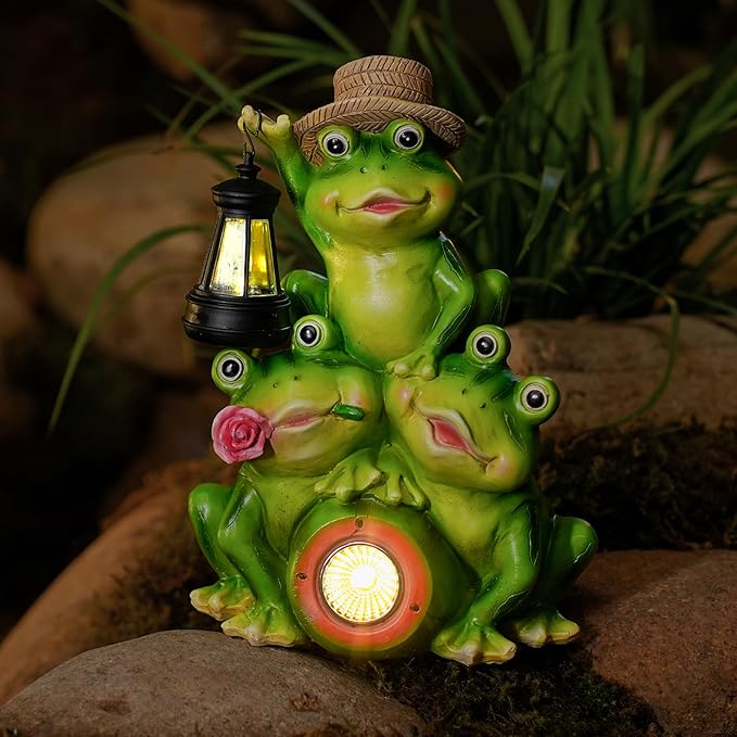 Joint Honglin Solar Frog Family Garden Statue with Lighted Lantern & Watermelon, Outdoor Frog Figurine, Waterproof Resin Garden Decor for Yard Lawn Patio Porch (Family Frogs)