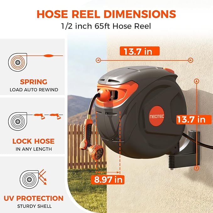New Retractable Garden Hose Reel 1/2 inch x 65 ft 9 Pattern Nozzle Wall-Mounted Any Length Lock Automatic Slow Return 180° Swivel UV Resistant Heavy Duty Hose Reels for Outside