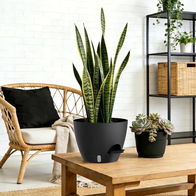 Self Watering Pots with Drainage Holes, 3 Pack 12/10/8 Inch Plant Pots with Water Level Indicator Deep Reservoir, Large Plastic Planter for Indoor Outdoor Plants - Black