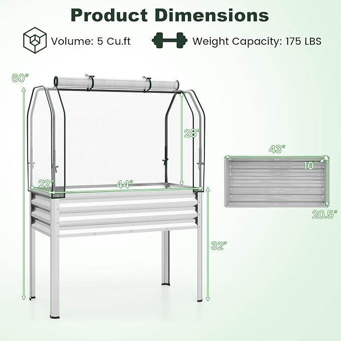 Giantex Raised Garden Bed with Legs & Greenhouse Cover, 44x22x60 Elevated Metal Planter Box with Roll-up Door, Outdoor Mini Greenhouse for Vegetable Flower Herb Patio Balcony (Silver,2)