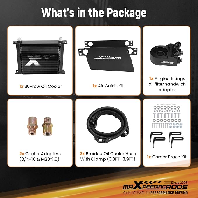 maXpeedingrods 30 Row Oil Cooler Kit, 10AN Transmission Engine Cooler British Radiator Universal Aluminium Black, Thermostatic Oil Filter Sandwich Adapter with Air Guide Kit and 2Pcs Oil Cooler Hoses
