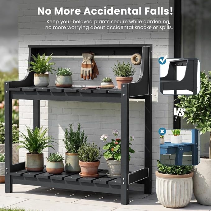Potting Benches for Outside, HDPE Garden Potting Table All Weather, Outdoor Potting Table with Storage for Patio, Backyard, Garden, Grey