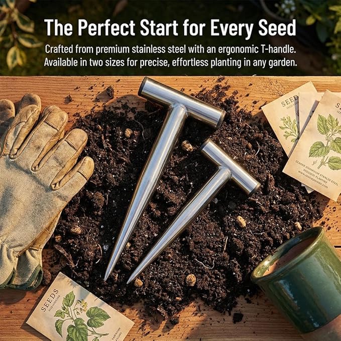 Heavy Duty Stainless Steel Garden Hand Dibber Tool, Hand Dibber, Seed Dibbers, Seed Planter for Tulips and Daffodils, T-Handle Hole Digger to Sow Bulbs, Ideal Gift for Gardeners (Big)