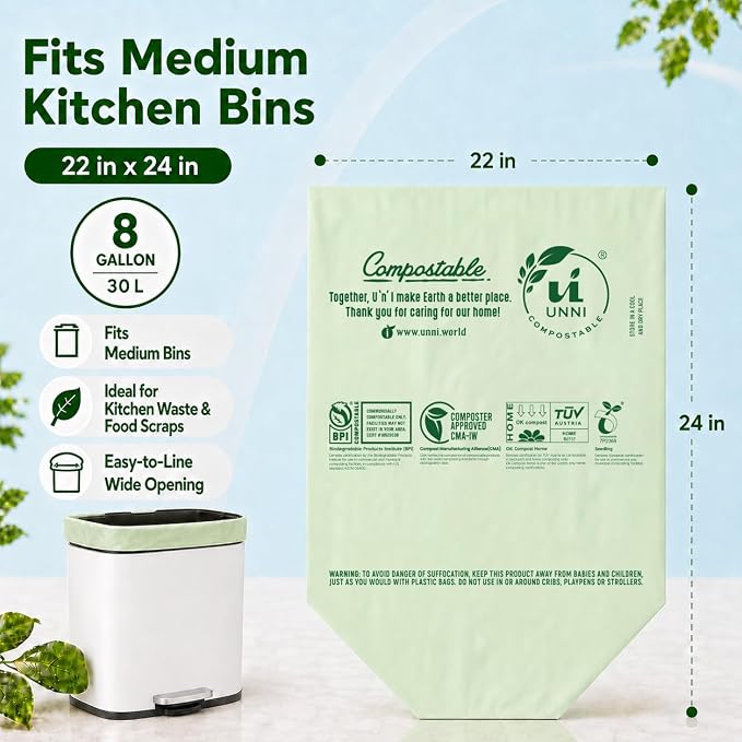 UNNI Compostable Trash Bags, 8 Gallon / 30 Liter, 100 Count, Extra Thick 0.85 mil Medium Kitchen Food Scrap Bin Liners, Certified by BPI, CMA & OK compost HOME, Meets the ASTM D6400 Standard