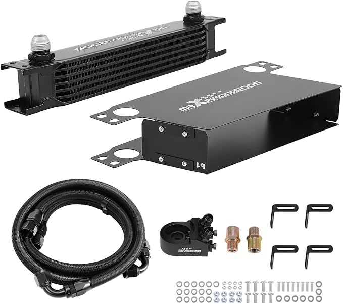 maXpeedingrods 7 Row Engine Oil Cooler Kit, 10AN Transmission Engine Cooler British Radiator Universal Aluminium Black, Thermostatic Oil Filter Sandwich Adapter, Air Guide Kit and Oil Cooler Hoses