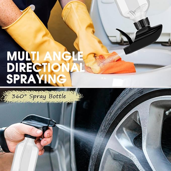 AMORIX Plastic Spray Bottles 2 Pack 360° Water Spray Bottle for Cleaning 16.9 oz/500 ml Upside Down Spray Bottle Small Mister Squirt Bottle with Adjustable Nozzle for Hair, Cooking, Plant, Pet