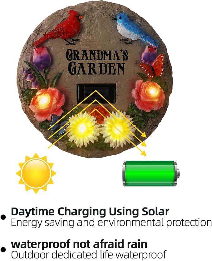 Stepping Stones Outdoor for Grandma's Garden with Solar Lights and Cardinal Robin Birds Flowers, Garden Stepping Stones Grandma Gifts for Mothers Day for Walkway, Yard, Patio Decor