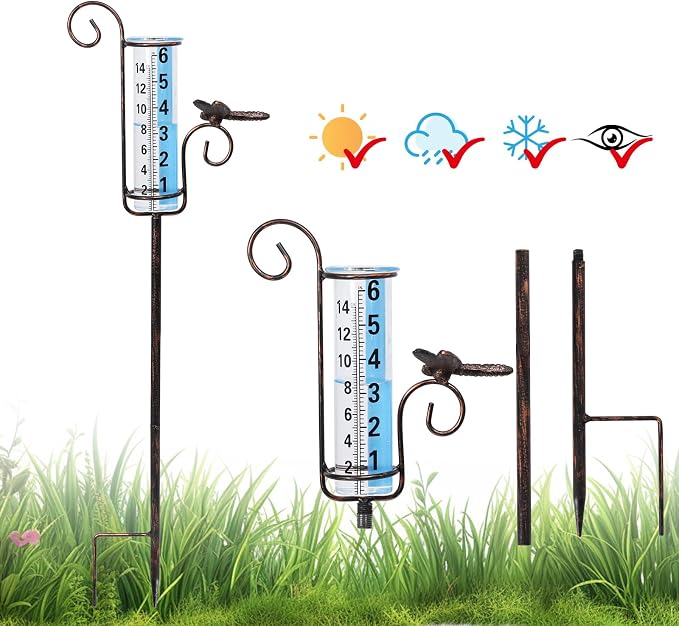 WONDER GARDEN Rain Gauge Outdoor, 6 Inch Capacity Large Number Easy Read Dragonfly Rain Measure Gauge for Lawn, Yard and Garden
