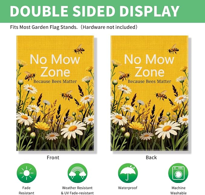 Perfectinsoy No Mow Zone Because Bees Matter Garden Flag, No Mow Sign, Pollinator Garden Sign, Welcome Yard Backyard Porch Patio Lawn Farmhouse Bee Spring Outdoors Decor, Bee Lover Gifts for Gardeners