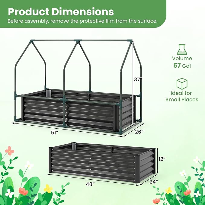 Giantex 4x2x3 FT Galvanized Raised Garden Bed with Greenhouse Cover, Outdoor Elevated Metal Planter Box w/Dual Roll-up Windows, Mini Greenhouse for Patio Balcony Vegetables Herbs Flowers (Black)