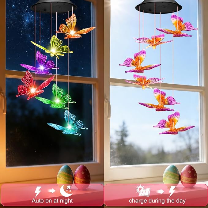Birthday Gifts for Women, Gardening Gifts for Mom Grandma Nana Wife Sister, Winzwon Solar Lights Outdoor Wind Chimes for Outside Garden Yard Patio Porch Decor Butterfly Decorations