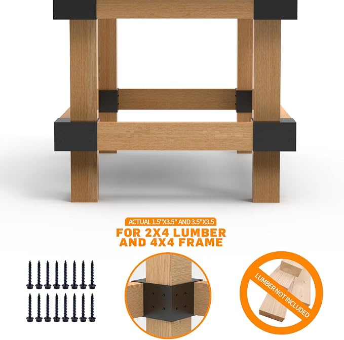 Heavy Duty Workbench Bracket Kit – Set of 4 Steel 3-Way Brackets for 4x4 and 2x4 Lumber, Ideal for DIY Garage Work Bench Legs, Woodworking Tables, Workshop Shelves, Planer Stands, and Kitchen Islands