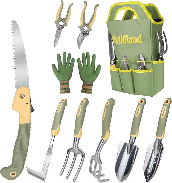 10-Piece Garden Tool Set, Green Gardening Hand Tools Kit with Ergonomic Non-Slip Handles, Heavy Duty Rust-Proof Aluminum Tools, Organizer Tote Bag & Gloves, Ideal Garden Gifts for Women and Men