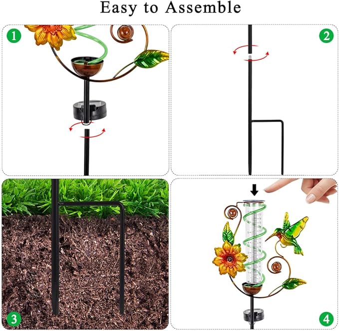 Rain Gauge Outdoor, Solar Rain Gauges for Yard, Hummingbird Freeze Proof Rain Gauge with 7" Plastic Tube, Metal Decorative Water Gauge with Led Light