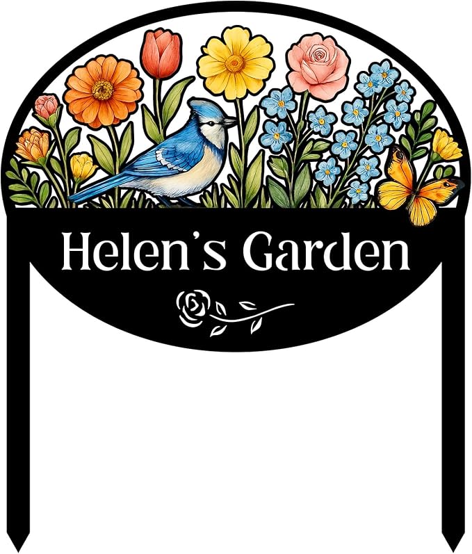 Personalized Metal Yard Sign for Mother's Day, Bird & Flower Design, Gift for Garden Lovers, Metal Sign, Garden Decor (Blue Jay)