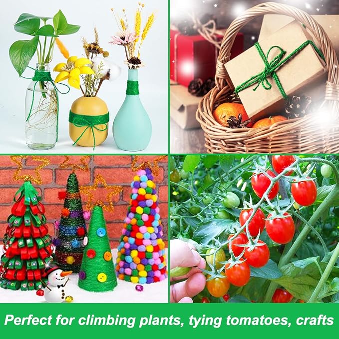 Vivifying Garden Twine, 328 Feet x 3 Rolls 2mm Red Green Brown Jute Twine for Climbing Plants and DIY Crafts, Natural Colorful Garden String for Gift Wrapping